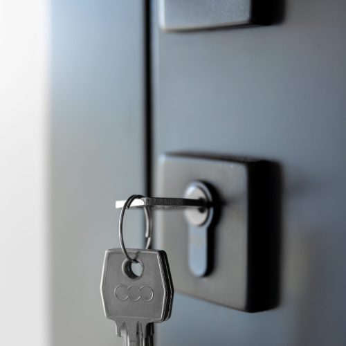 Close view of a key in the cylinder on dark doors with a black handle, soft light reveals matte metal and a calm contemporary style.